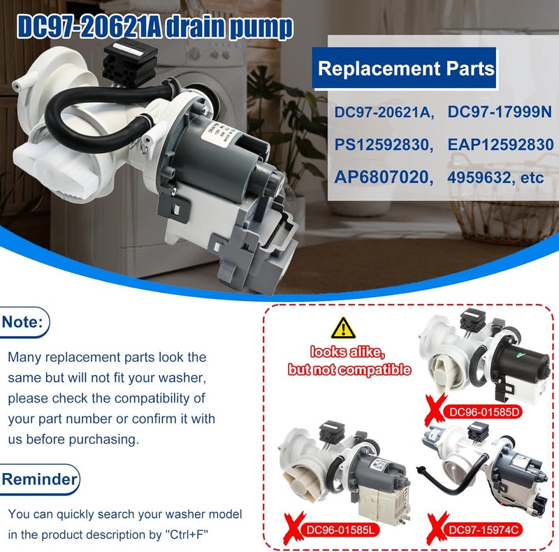 Garsoo DC97-20621A, DC97-17999N Drain Pump Assembly(OEM) Compatible with samsung washer(some models), Replace Number: DC31-00187A, PX3516-01, AP6807020, 4959632, PS12592830, EAP12592830 etc - Image 2